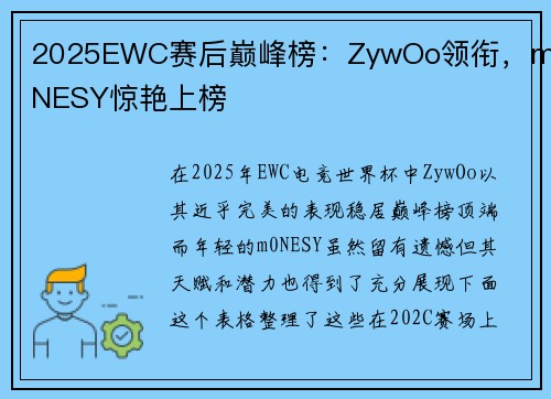 2025EWC赛后巅峰榜：ZywOo领衔，m0NESY惊艳上榜
